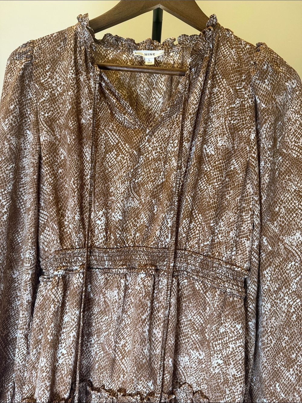 MINE Brown & Cream Snakeskin Ruffle Tier Mini Dress | Size L - Picture 4 of 14